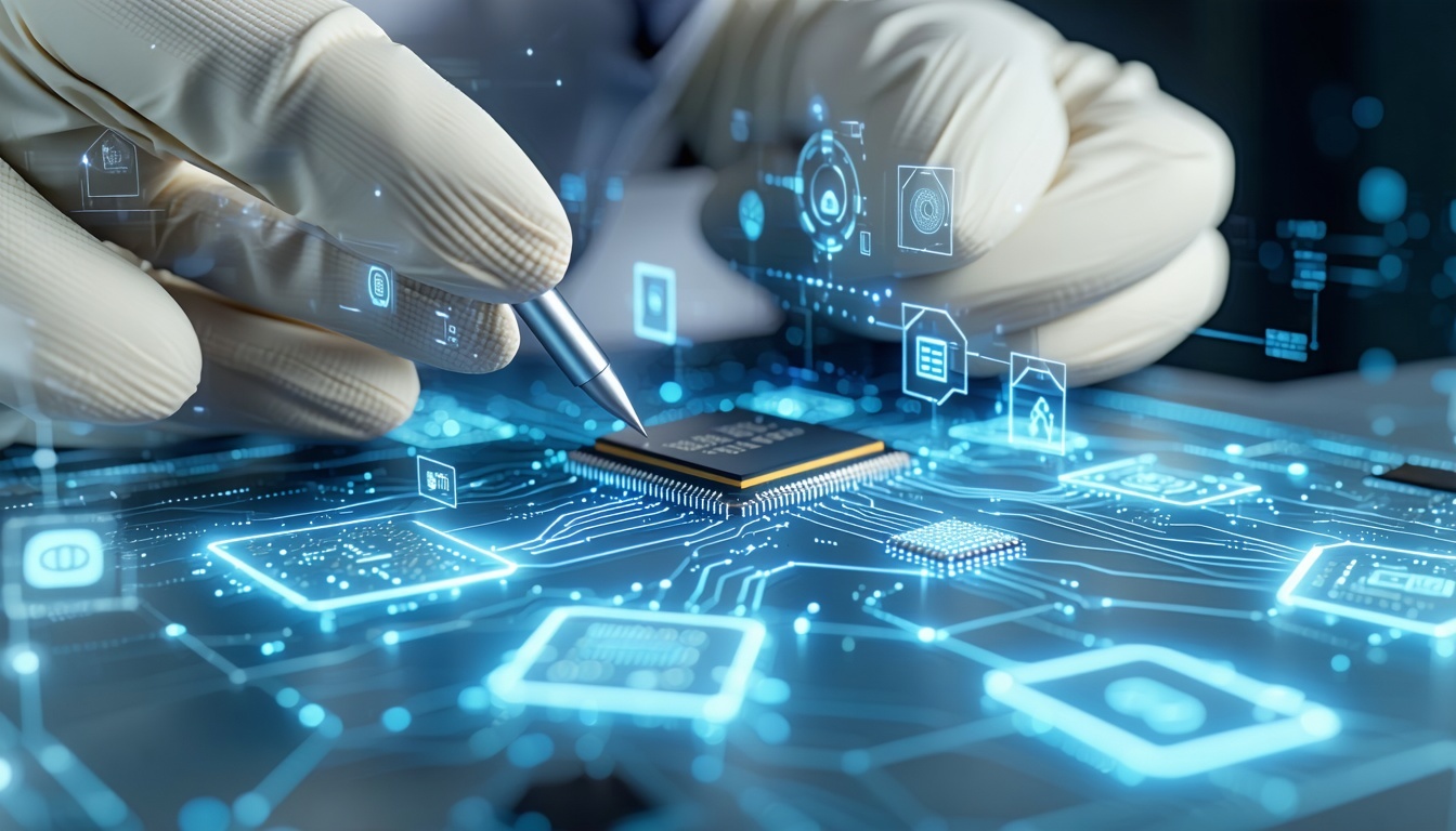 A person in a white lab coat and gloves is examining a small chip the chip is surounded with icon about its quality-1