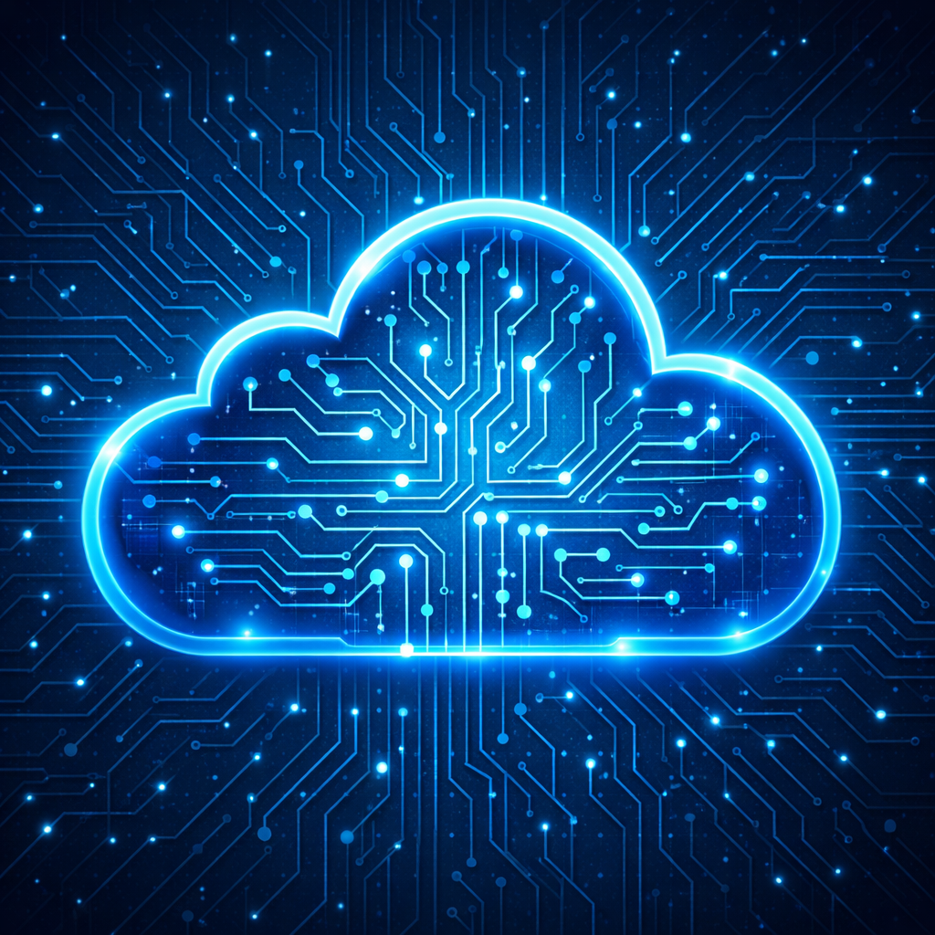 The image depicts a stylized representation of a cloud with a circuit board pattern superimposed over it suggesting a concept of cloud computing or cl