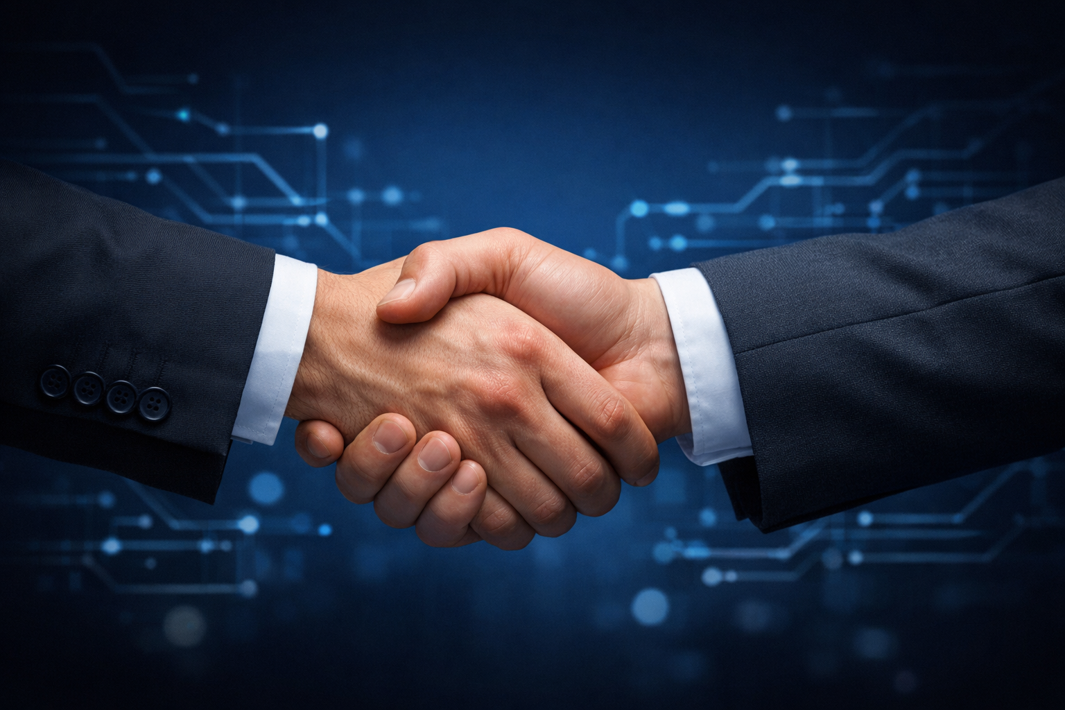 The image features two hands clasping for business agreement The background is in dark blue tone with some electronics connections little bit visible-1