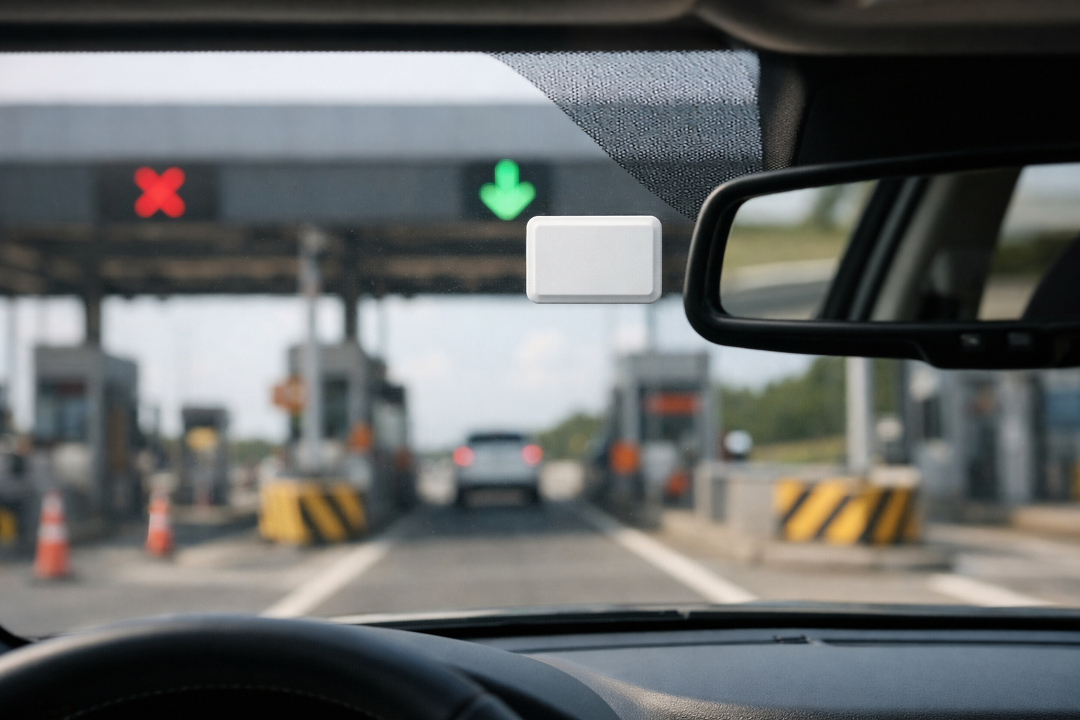 car driving in a toll road with a badge no text on the high quality image The toll badge is fixed up to the glass The car is going to the valide tolli-Feb-02-2026-04-51-19-3227-PM