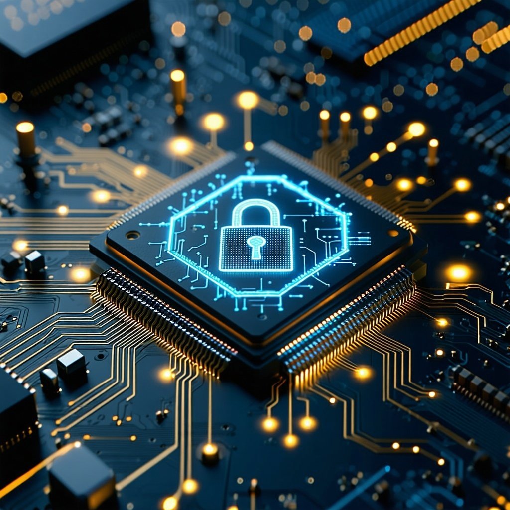 highlighted chip circuit with cybersecurity symbol showing how innovatively we can protect chips Dark tone high quality image